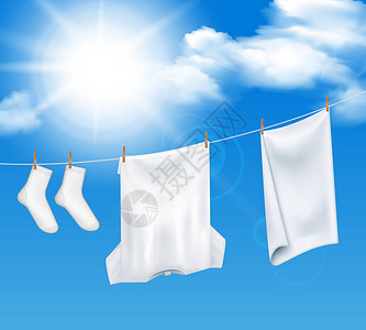 挂晒火腿洗过的洗衣天背景逼真的天晴白衣在阳光下晒插画