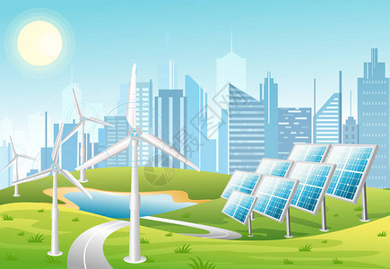 太阳板和风力涡轮机的矢量例证在的前面与绿色小山生态绿色主题平面风格中的生态能量观背景图片