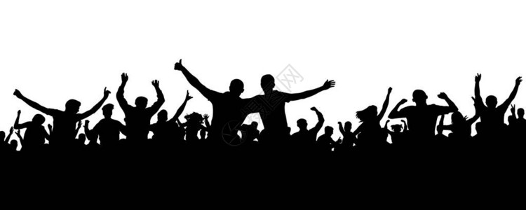 跳转开朗的人剪影快乐的暴徒快乐小组的年轻人的朋友跳舞在音乐聚会音乐会迪斯科体育迷掌声欢呼声白色背景上的矢插画