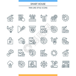 主题智能房子上的细线设计图标智能系统和技术标志家庭自动化图片