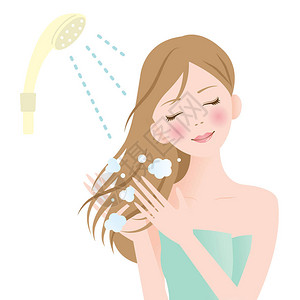 在淋浴中的年轻妇女洗头发插画