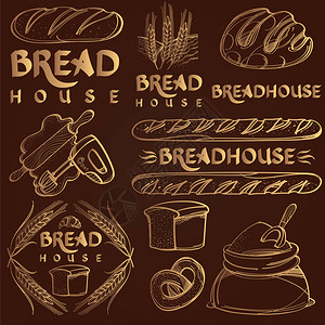 一套矢量烘焙元素和手写老式刻字单色插图与面包百吉饼面包牛角面包卷饼椒盐卷饼黑背景黑麦或小麦背景图片