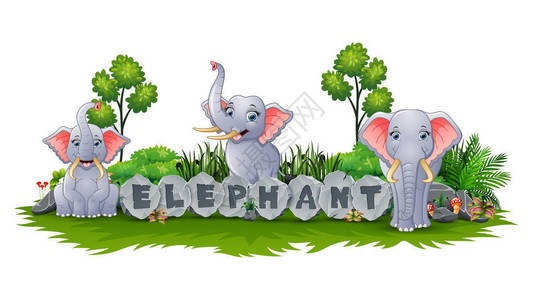 大象享受花园的矢量插图图片