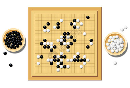 应酬酒局五子棋或围棋棋盘有一个典型的游戏过程和两个装满黑白石头的木碗这是传统的策略游戏白色上的孤立矢量插图插画