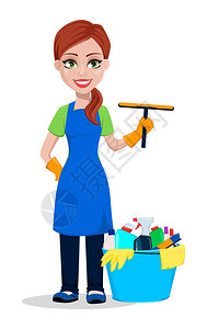 清洁公司工作人员穿着制服带有刮刀和装满洗涤剂的桶女卡通人物清洁剂白色背背景图片