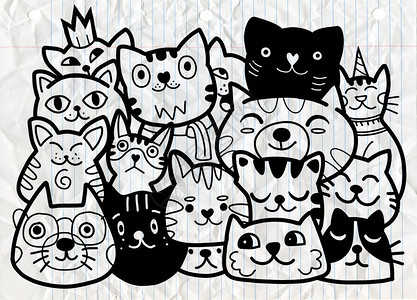 喵星人睡眼颜涂鸦猫组不同种类的猫矢量插图插画