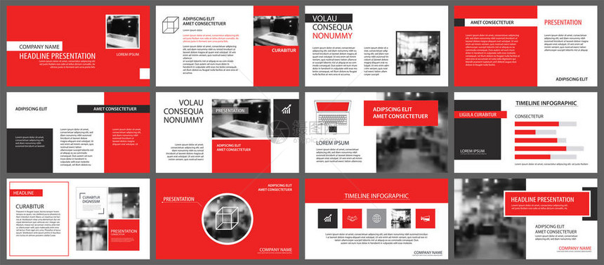 背景上幻灯片信息图表的红色和白色元素演示文稿模板用于商业年度报告传单企业营销广告小册图片