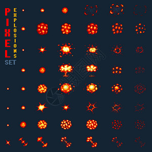 像素艺术爆炸游戏图标设置喜剧热潮对情绪的火焰效应8位向量爆轰爆炸闪光核泡沫与烟雾动画框架过程步骤视频火插画