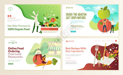 用于有机食品和饮料天然产品餐厅在线食品订购食谱的网页设计模板集用于网站和移动网站开发的背景图片