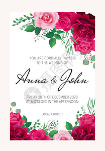 婚礼花卉模板集合带有深红色腮红和五颜六色的粉红玫瑰的贺卡可用作婚礼生日和其他节日的邀请卡所有元素都是隔离和可编辑的每背景图片