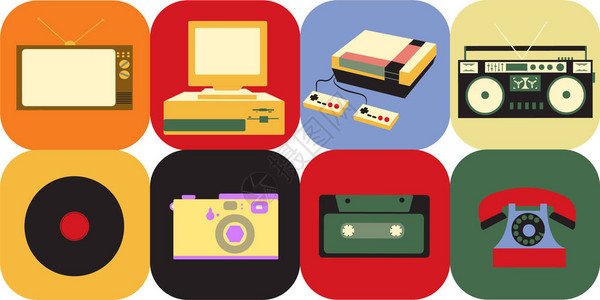 一组老式复古电子产品显像管电视盒式磁带录音机黑胶唱片计算机游戏机电话70年代80年代和90年代的photoap背景图片
