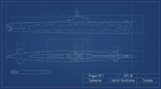 潜艇蓝图矢量插图图片