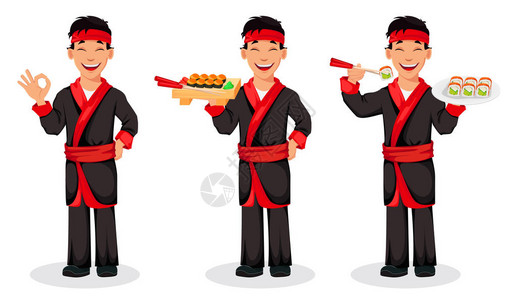 日本厨师煮寿司卷套三体式英俊的卡通人物显示ok标志和举行寿司卷矢量插图图片