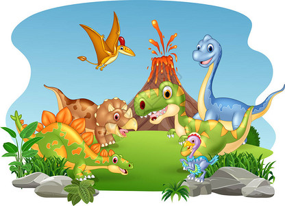 在丛林中快乐恐龙的矢量插画图片