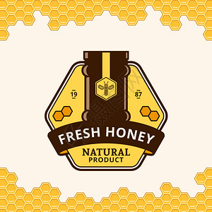 酿蜜背景下的罐子和蜂窝图案的矢量蜂蜜徽标插画
