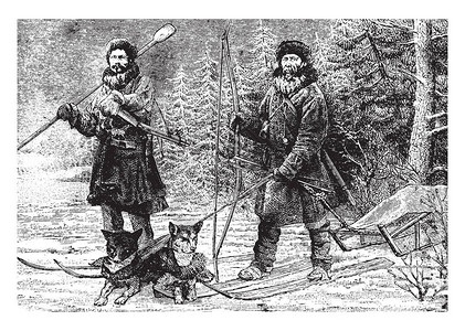 这个插图代表西伯利亚复古线绘图或雕刻插图的猎人图片