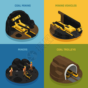 采煤等距设计概念隔离矢量图解的工作车辆和图片