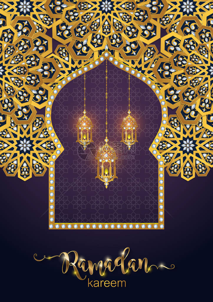 斋月的问候背景伊斯兰与黄金图案和水晶纸颜色背景图片