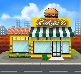汉堡店建筑背景矢量插图图片