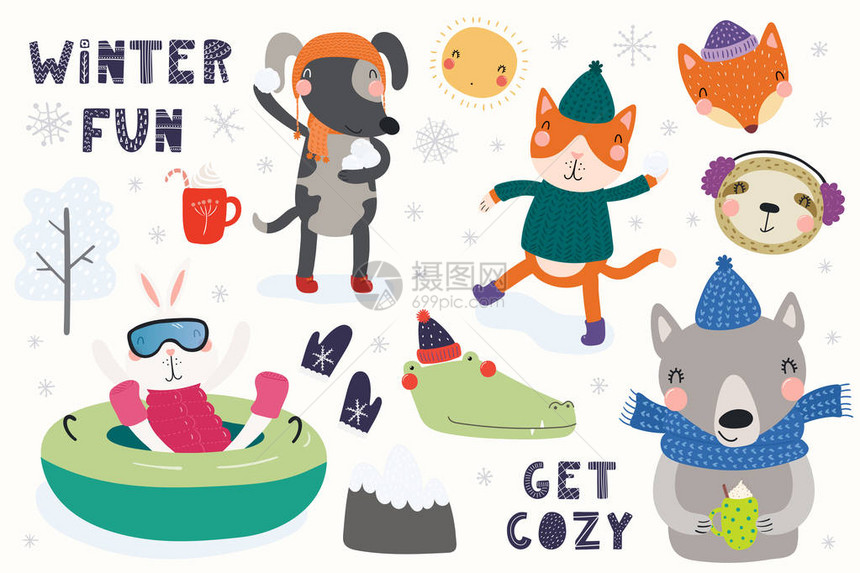 大集与可爱的动物在玩雪和油管同时打雪仗与冬季乐趣获得舒适的斯堪的纳维亚风格平面设计理念的儿童卡图片
