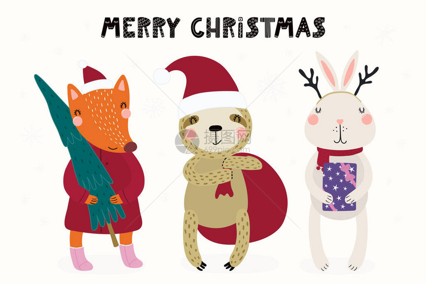 手绘矢量插图可爱的动物狐狸与懒和在的帽子与和袋与礼物和圣诞快乐图片
