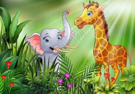 自然场面的动画片与大象和长颈鹿图片