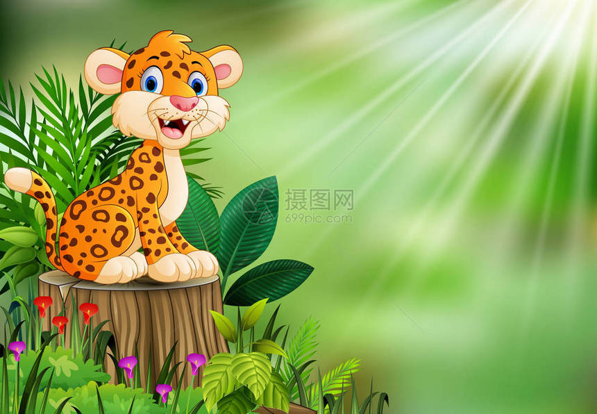动画片愉快的豹子在树桩与绿色植物图片
