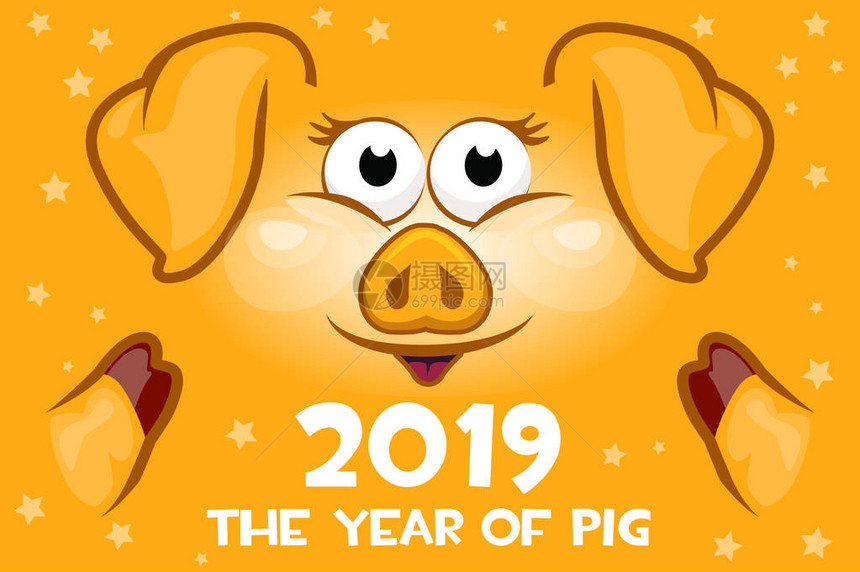 动画片问候横幅在橙色猪的年2019年向量例证图片