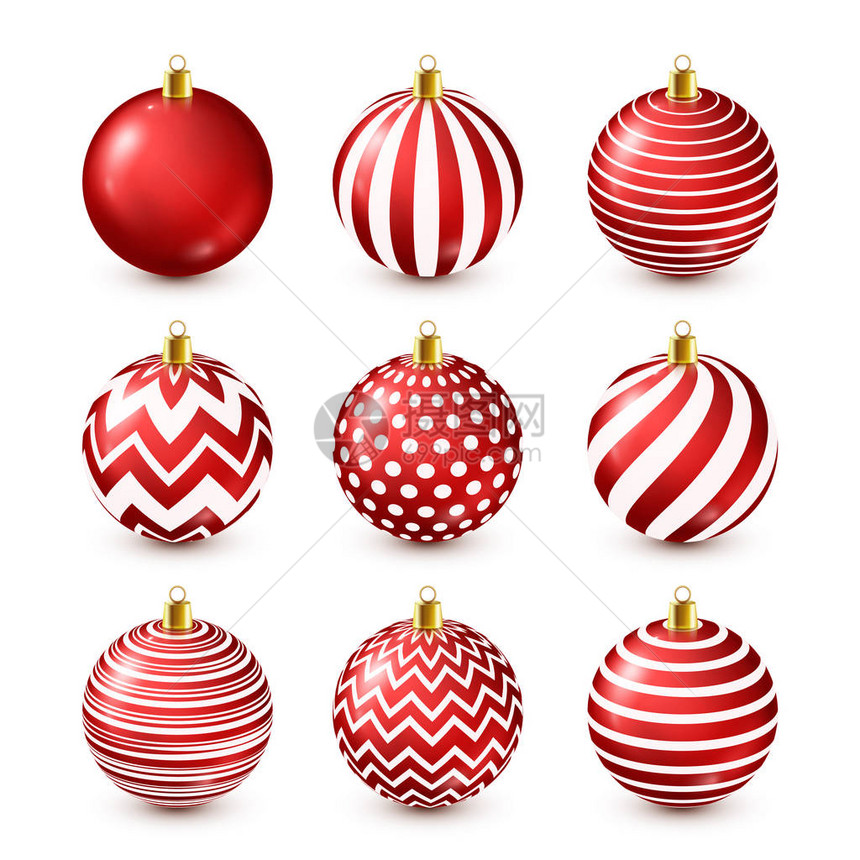 圣诞闪亮的红色球设置装饰冬季12月假期贺卡或元素图片