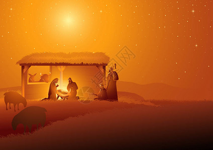 耶稣降生素材圣经矢量插图系列诞生场景的神圣家庭在稳定圣诞节主题插画