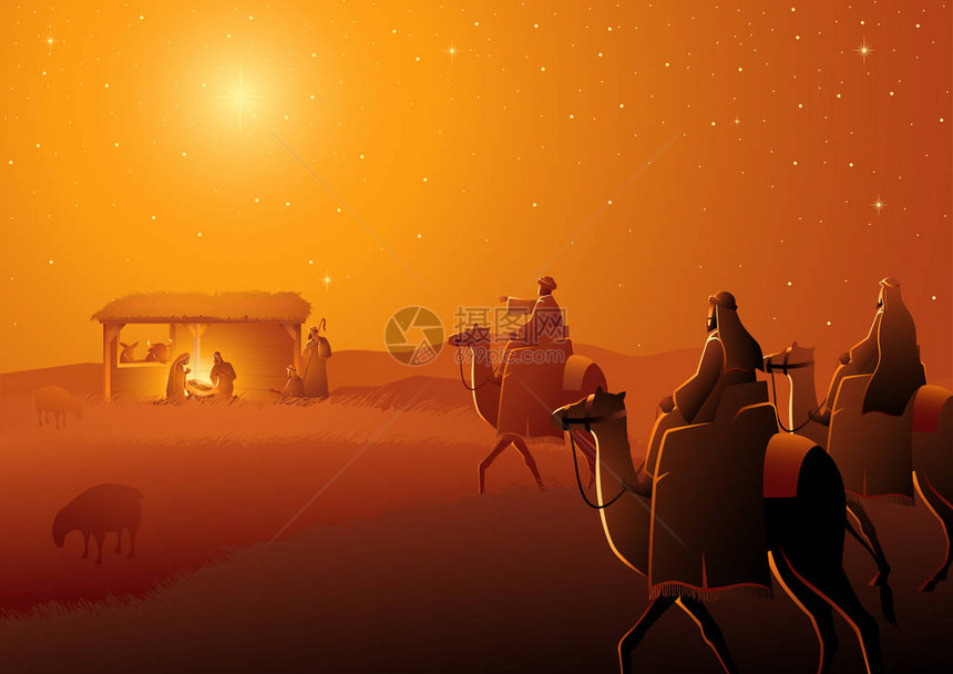 圣经矢量插图系列诞生场景的神圣家庭和三个智者圣诞节主题图片