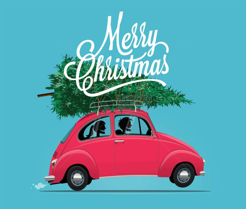 圣诞快乐主题插图的侧视图卡通风格的老式红色汽车与圣诞树和快乐夫妇里面矢量插图图片