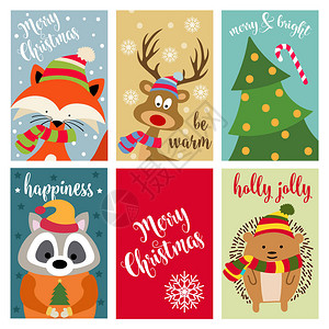 圣诞卡收藏与动物和愿望贴纸平面设计图片