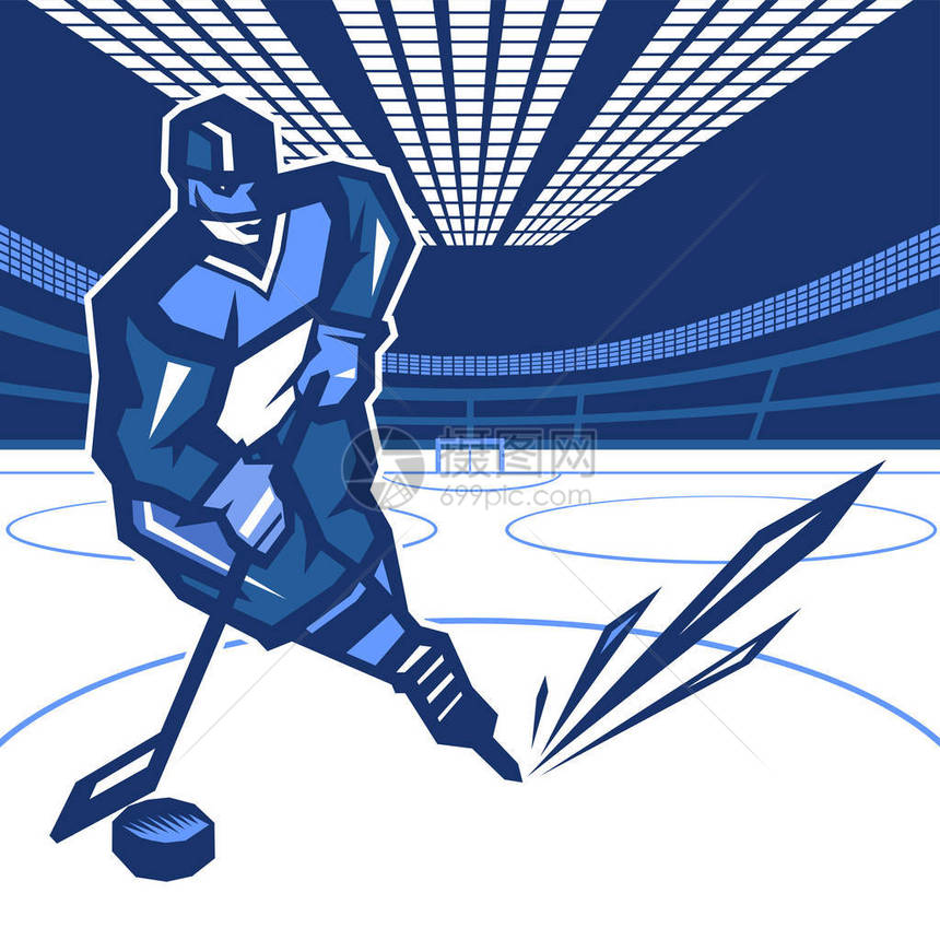冰球运动员在冰球场上用冰球和棍子移动蓝色的颜色图像向量EPS10图片