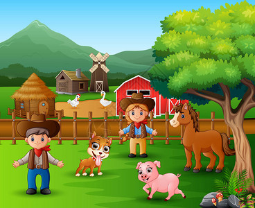 农场里有不同动物和的农场场景图片
