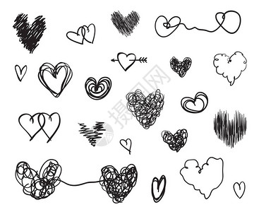 手画的心在孤立的白色背景上一套爱的标志独特的插图设计线条艺术创作黑白插图设计要素背景图片