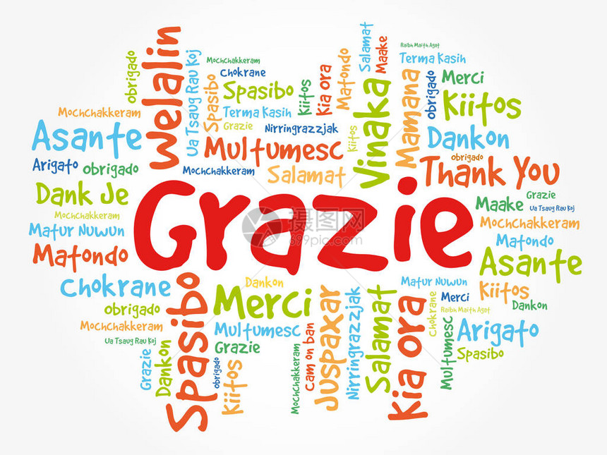 grazie以意大利语表示感谢单词云背景所有语言多语言用于教育或图片