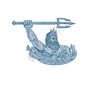 绘制素描风格的插图特里顿一个希腊神海之子的信使波塞顿和两挥舞三叉戟在海上与波浪在孤立的白色背景上的颜色背景图片