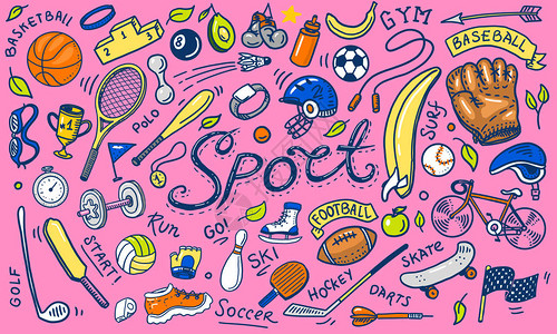 一套图标涂鸦风格健身和训练设备健康和活动的象征网球和足球图片