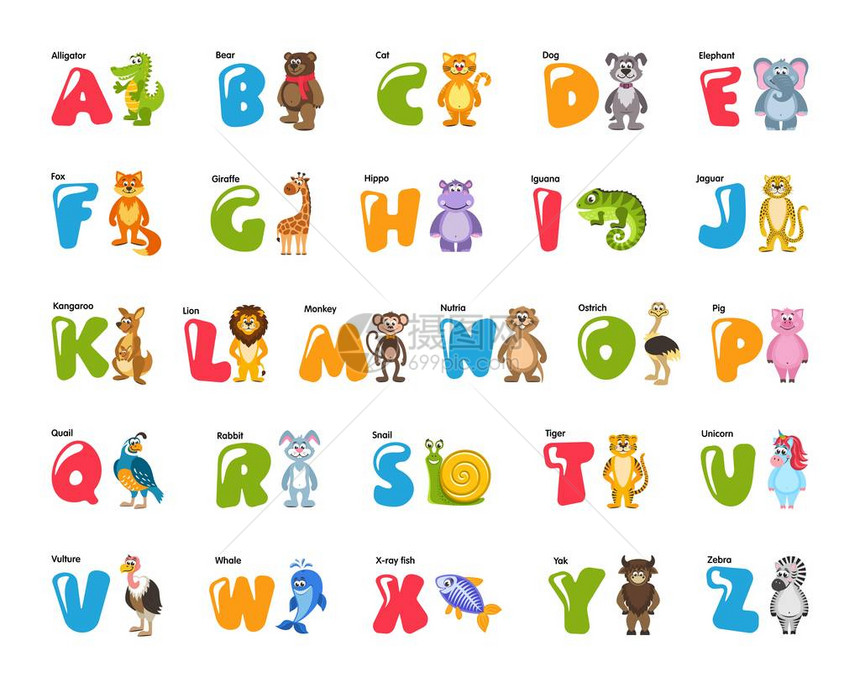 动物园字母表为孩子们提供有趣的动物鸟类鱼类五颜六色的大象狮子斑马鬣蜥长颈鹿河马老虎猴子袋鼠蜗牛猪猫狗图片