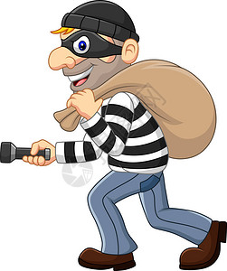 卡通小偷用手电筒走路拎包的矢量图背景图片