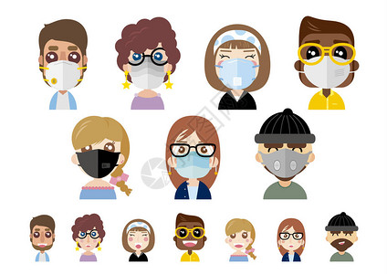 防尘雾霾女性在白色背景矢量图上戴着防尘面具的人插画