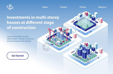 对外开放多层房屋建设投资项目等距矢量网页公寓或共管综合体在不同阶段的准备说明房地产公司登陆网页插画