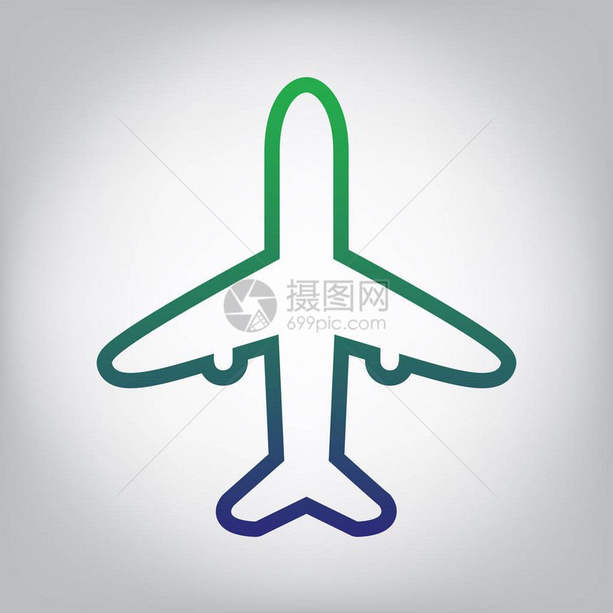 飞机标志插图矢量绿色到蓝色渐变轮廓图标在灰色背景线在中心图片