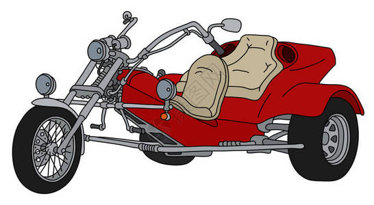 硬座一辆红色重型机动三轮车的手绘图插画