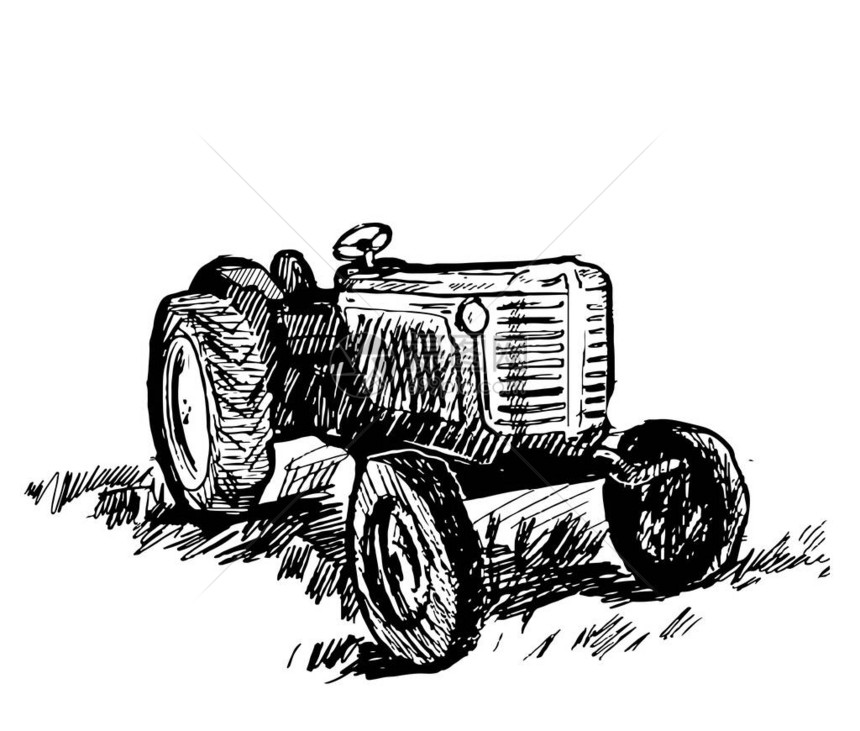 旧式拖拉机以图形风格手绘矢量图图片