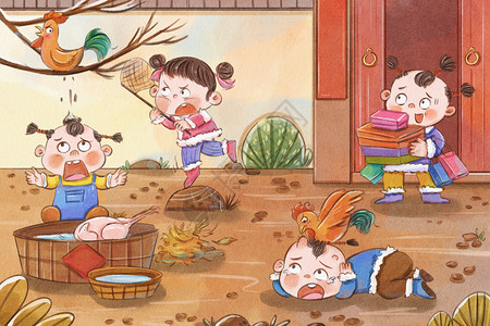 春节年俗腊月二十七宰年鸡搞笑可爱古风水彩绘本插画插画
