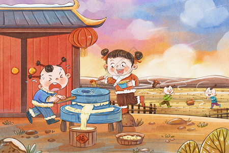 腊月二十五磨豆腐照田蚕可爱古风水彩绘本插画背景图片