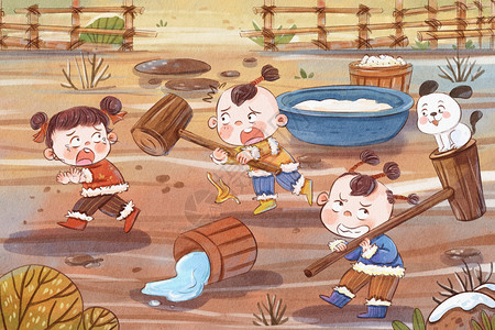 上海年俗腊月二十八打年糕搞笑可爱古风水彩绘本插画插画