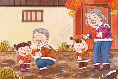春节福娃大年初二回娘家搞笑可爱古风水彩绘本插画插画